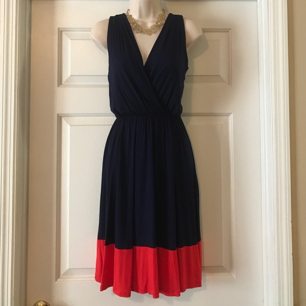 Navy blue and coral color block dress